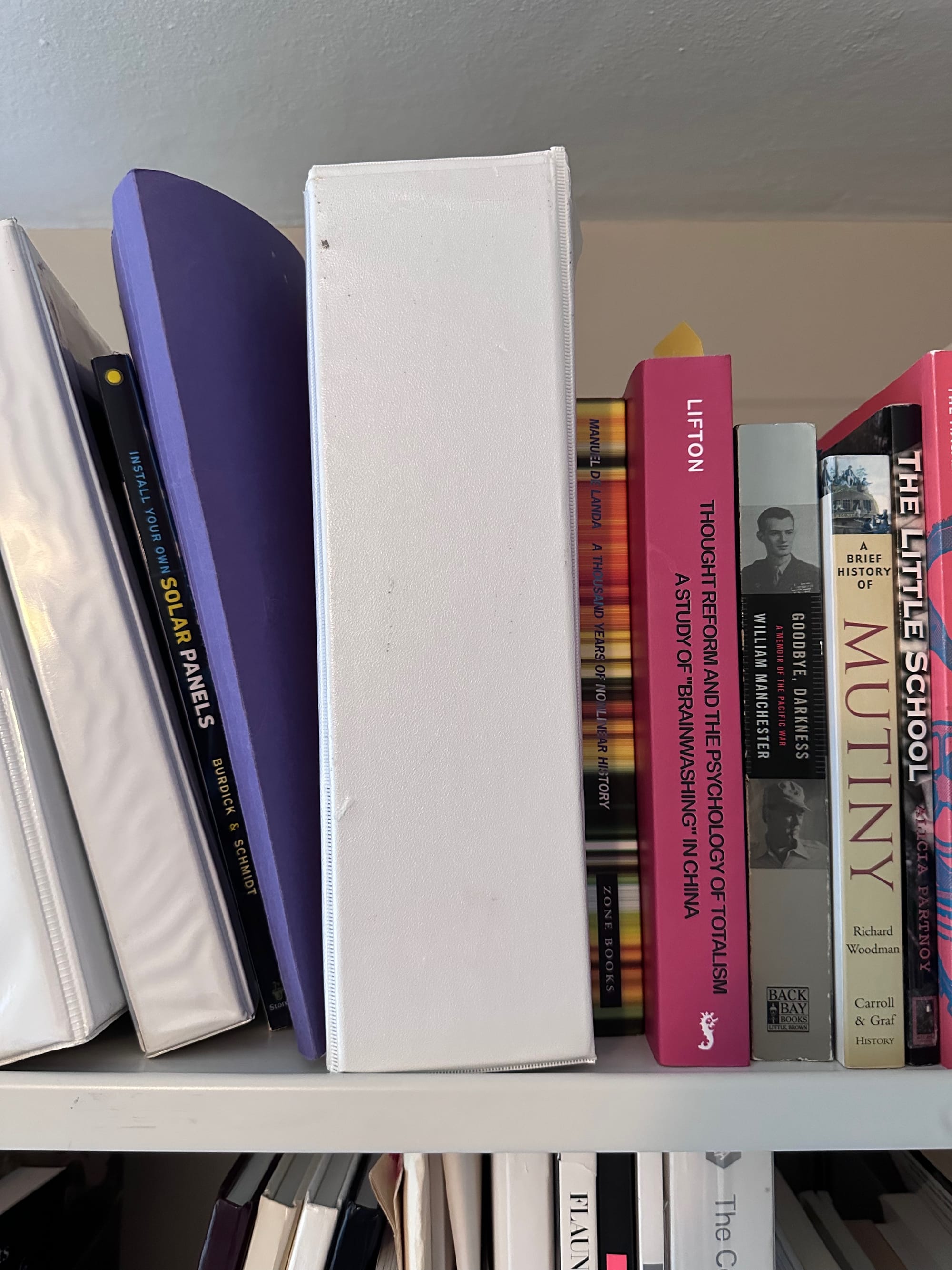 A three-ring binder on a bookshelf, presumably the author's fishing log, surrounded by other weird books. 