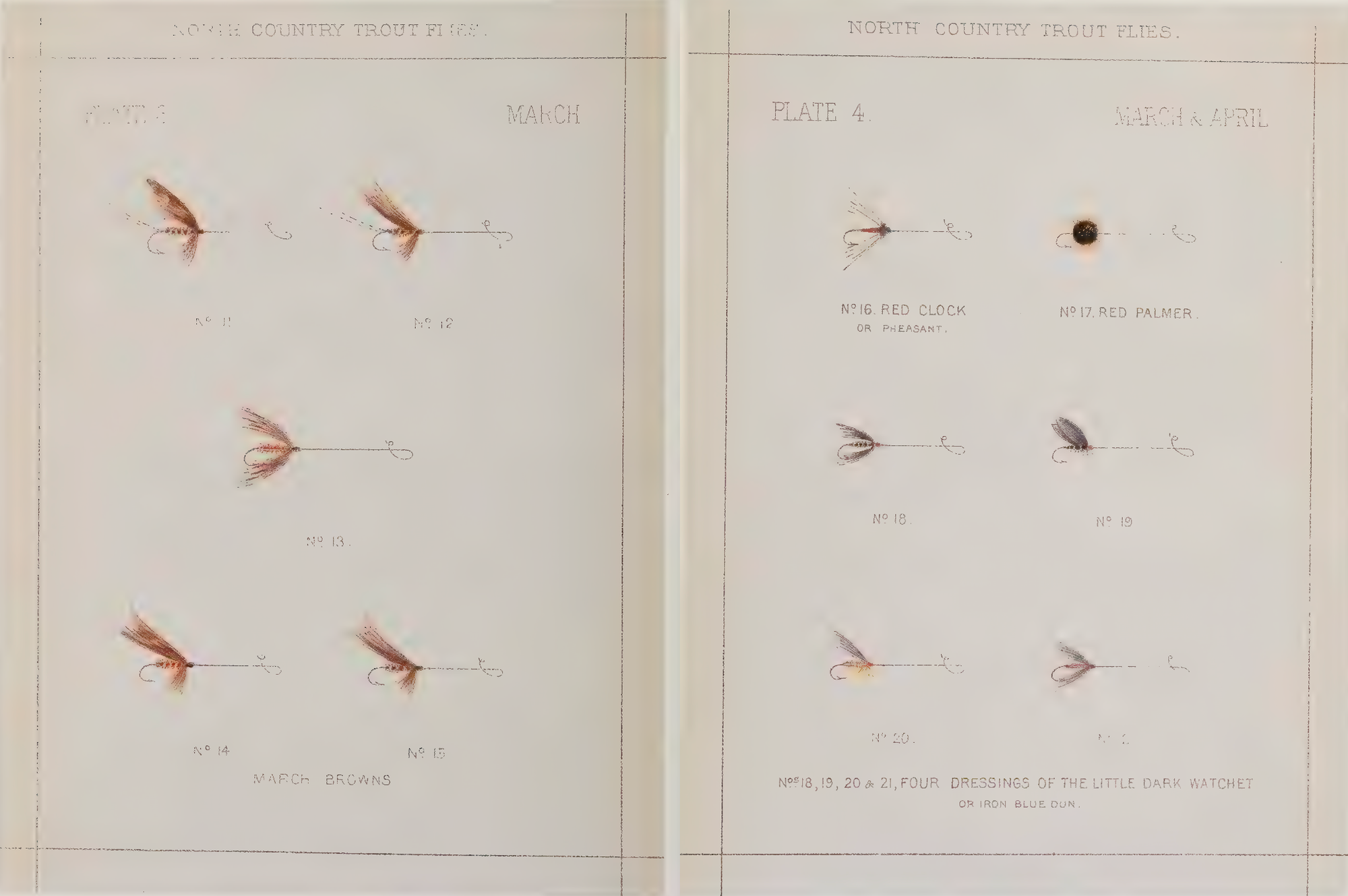 A screenshot of a scanned image from a book featuring an illustration of eleven North Country Trout flies depicted on a white background
