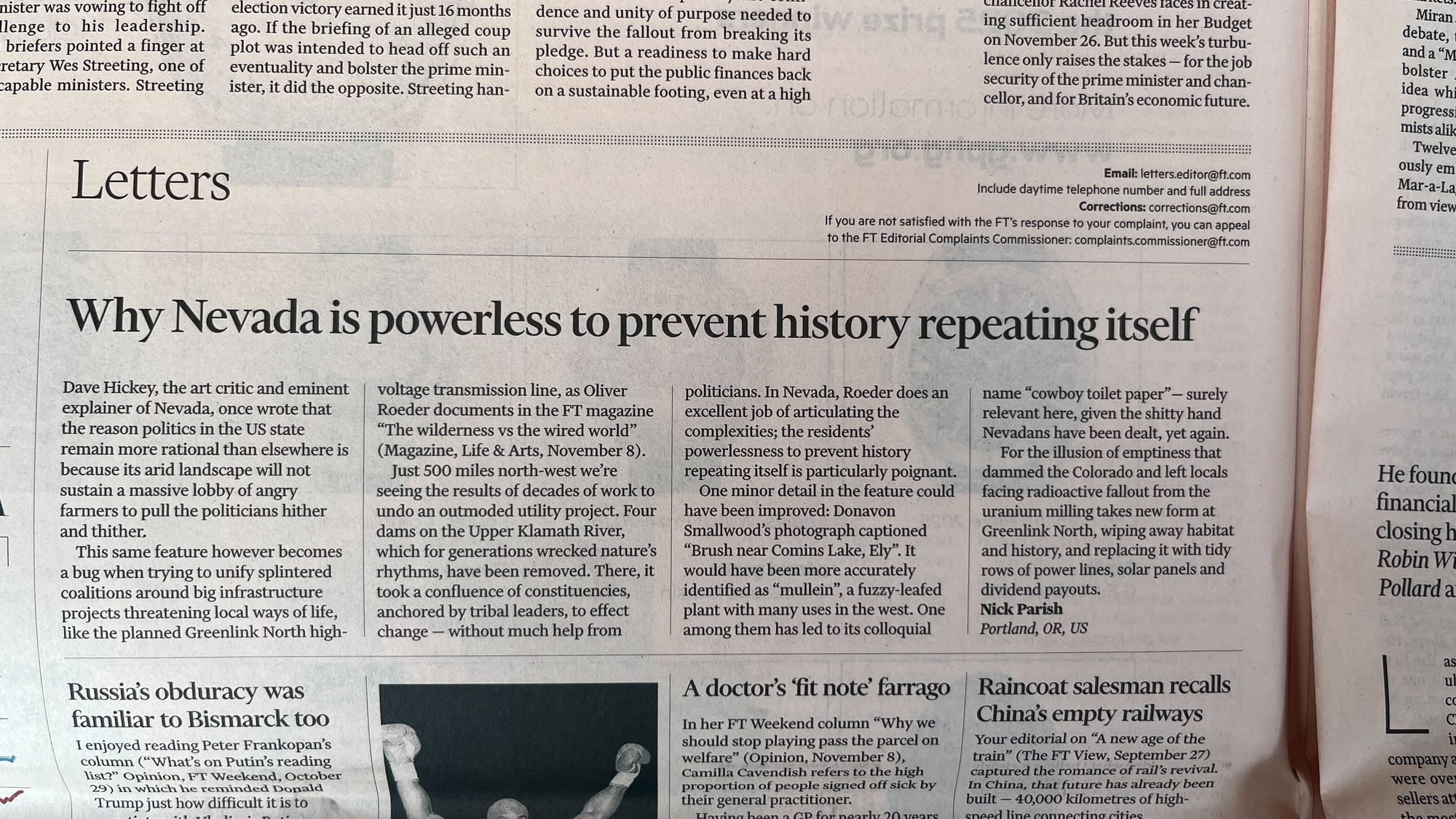 A photograph of the Letters page of the Financial Times Weekend newspaper, with the headline “Why Nevada is powerless to prevent history repeating itself”