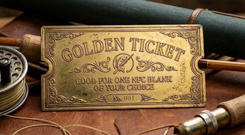 Ornate brass-colored Golden Ticket numbered 001, reading "Good for one NFC blank of your choice," displayed on a workspace with fly fishing rods and reel