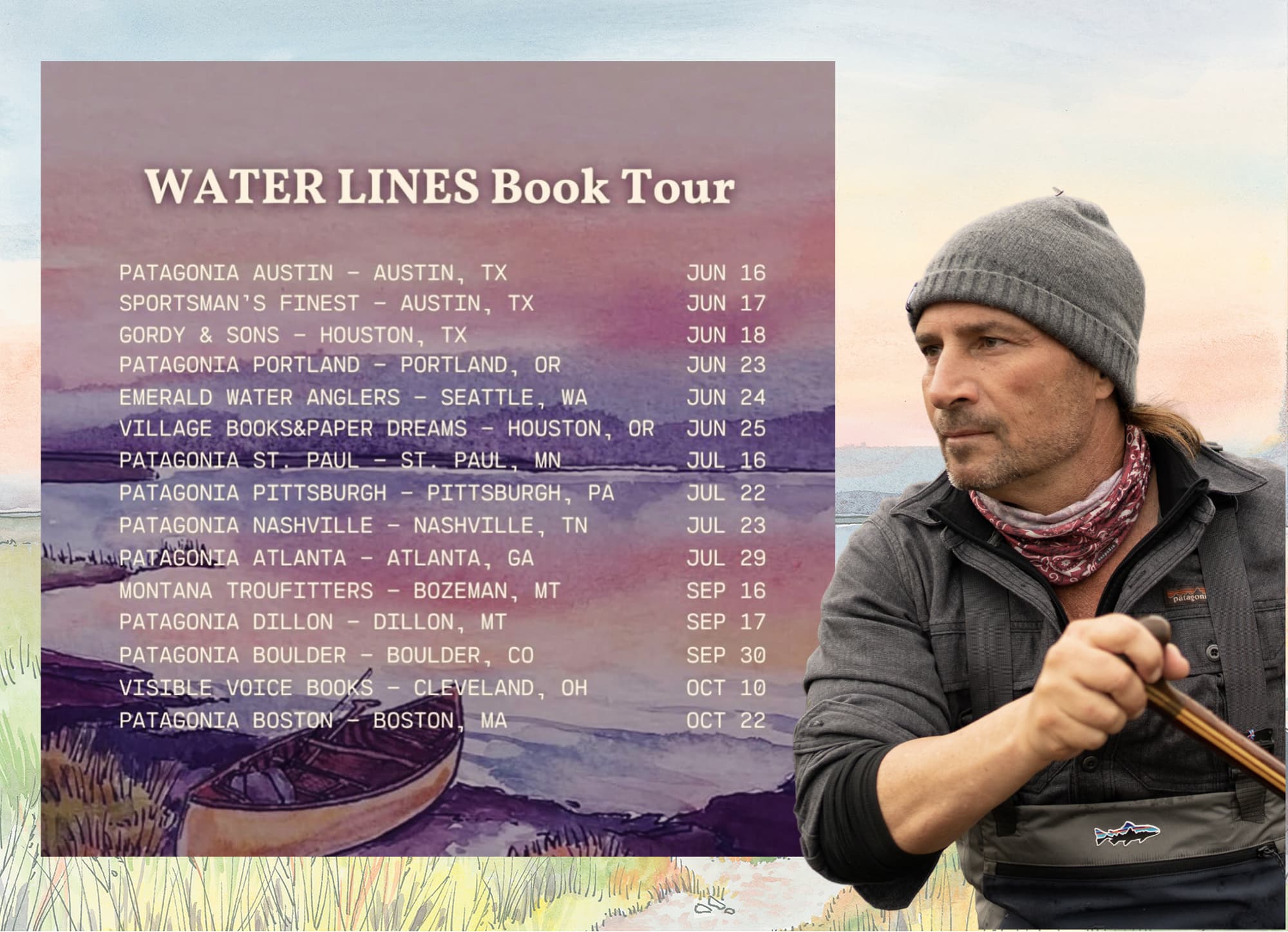 Author Riverhorse Nakadate in waders and gray beanie holds a canoe paddle beside a watercolor illustration promoting the Water Lines book tour schedule.