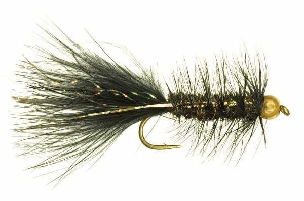 Gold Bead Flash-A-Bugger fly in black/olive marabou with pearl flash and a gold bead head.