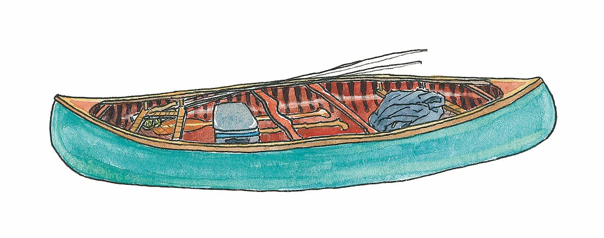 Watercolor illustration of a loaded wooden canoe with teal hull, packed with gear and two fly rods extending off the bow.