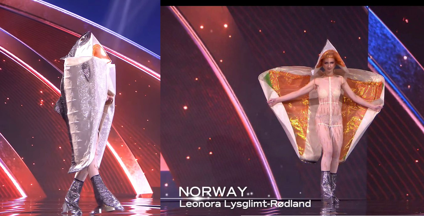 "Miss Norway at Miss Universe in salmon costume with silver sequined body and metallic orange wings representing Norway's famous fish, shown in two poses on lit stage"