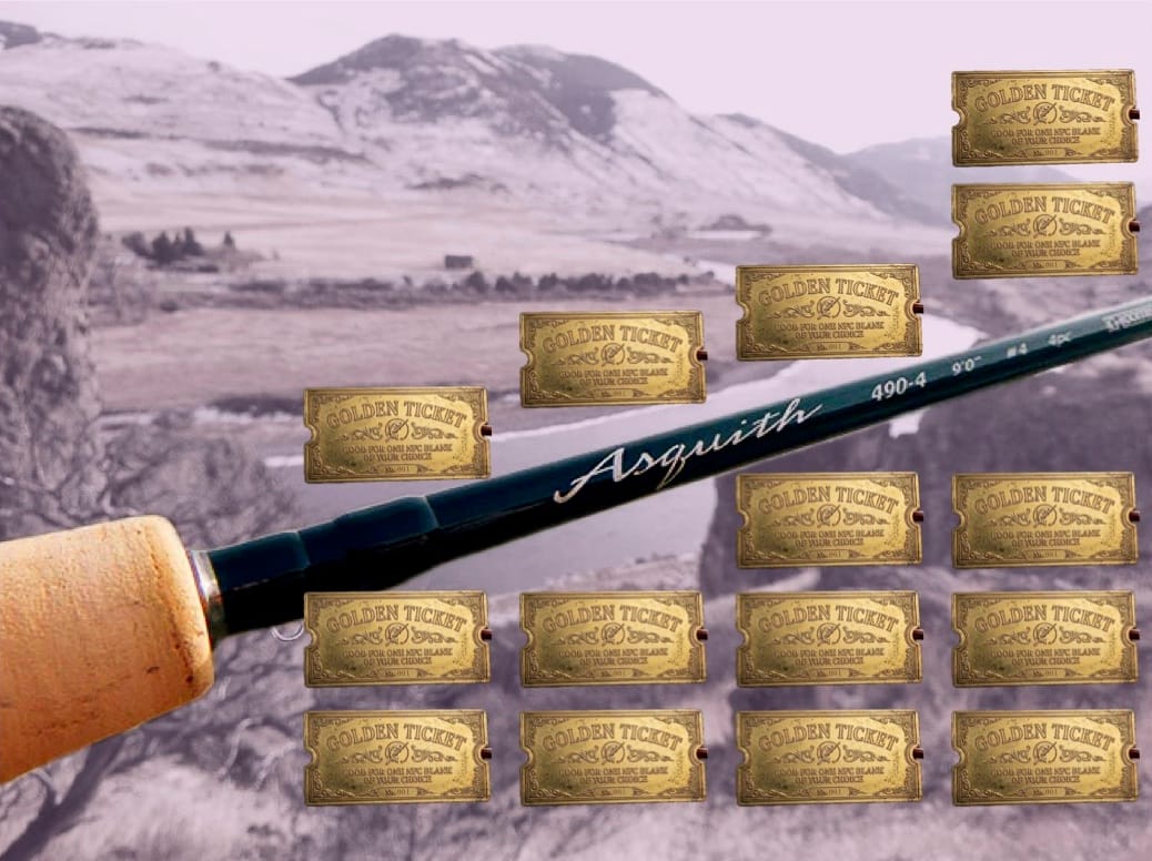 G.Loomis Asquith fly rod with fifteen North Fork Composites Golden Tickets arranged on vintage landscape photograph