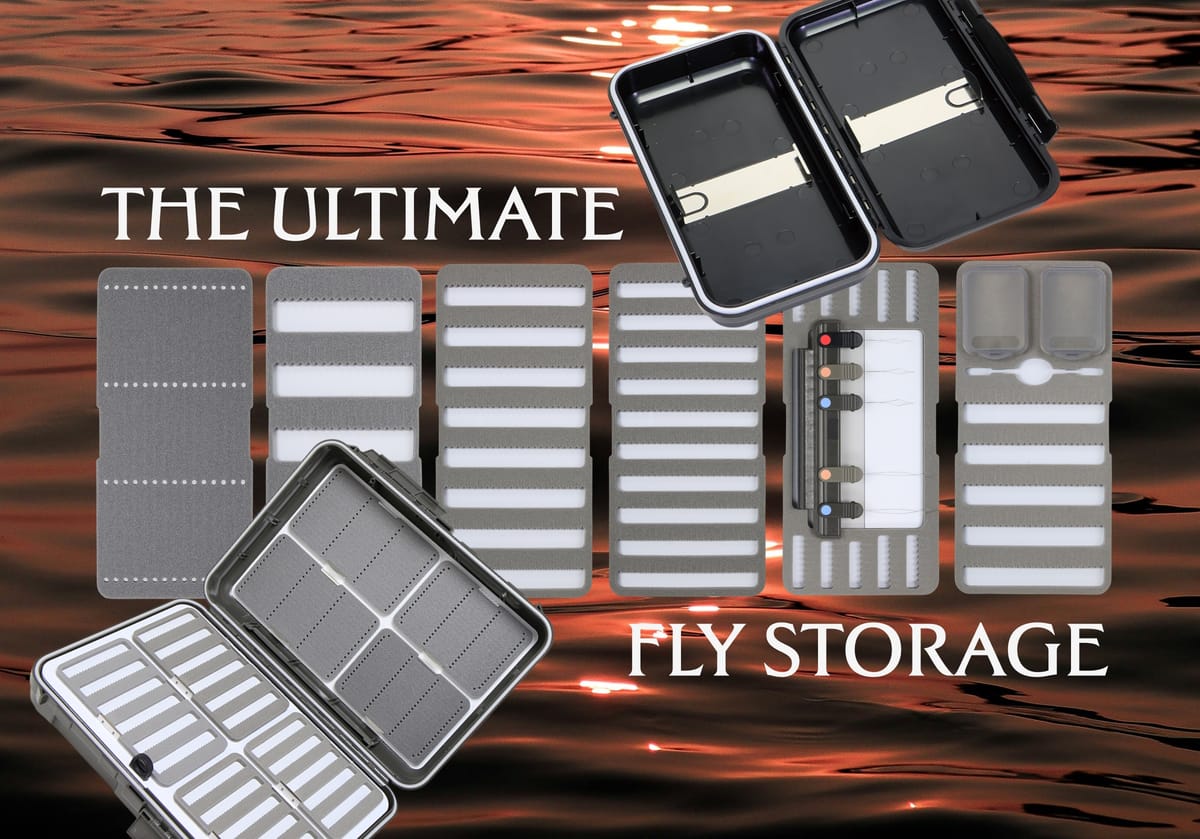 C&F Design fly fishing fly boxes and foam inserts displayed on water background with text "The Ultimate Fly Storage"