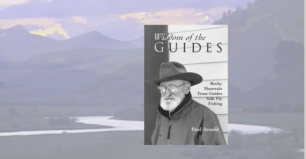 A black and white book book cover is overlaid onto a backdrop of a river at sunrise. The book is titled Wisdom of the Guides and features a grizzled-looking man with a white beard looking 