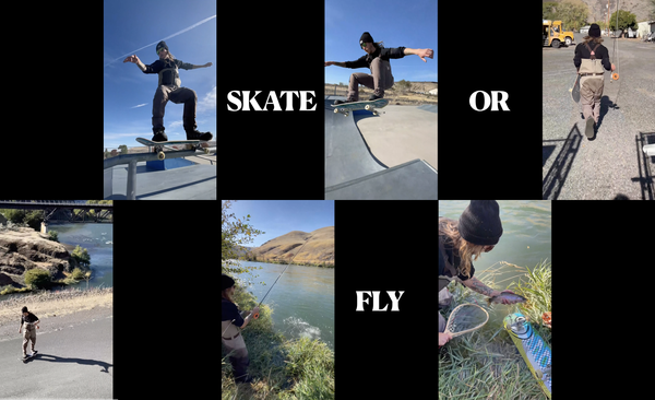A sequence of skateboarder David Gravette riding a miniramp with fly-fishing waders on, and then riding to catch a fish. 