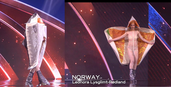 "Miss Norway at Miss Universe in salmon costume with silver sequined body and metallic orange wings representing Norway's famous fish, shown in two poses on lit stage"