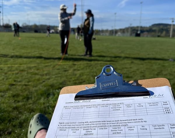 FFI Casting Instructor pre-test evaluation form on clipboard in foreground, an instructor and candidate learning fly casting on a grass field under partly cloudy skies in the background.