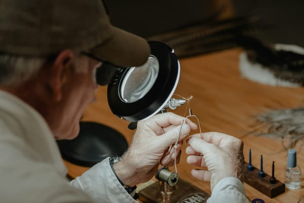 A fly tier works under a magnifying lens, threading a hook with the close concentration the craft demands.