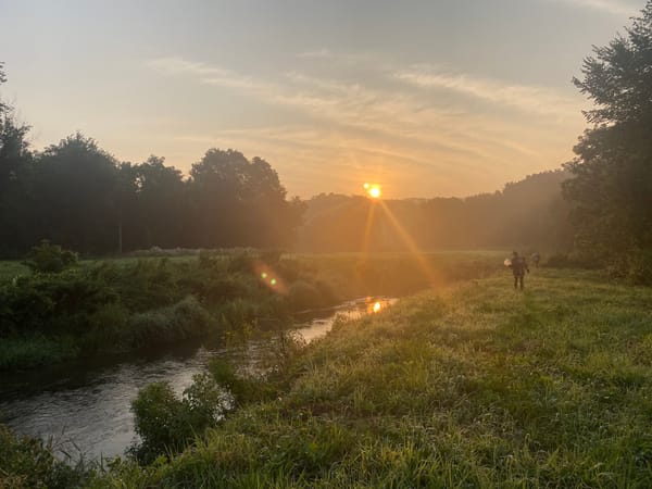 Angler walks along a meadow stream at golden sunrise, sun flaring through mist above a lush green Vermont valley.